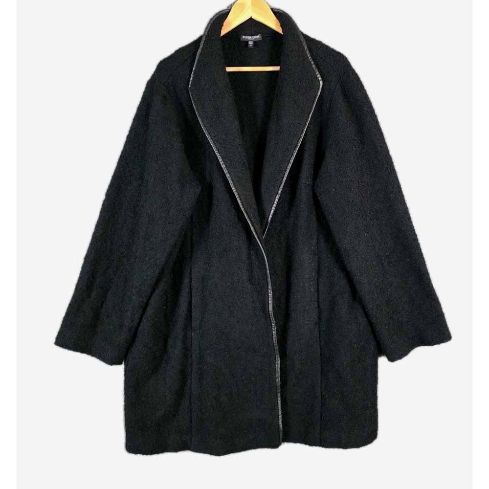 Eileen Fisher Wool Coat Womens 2X Black Boucle Open Front Leather Trim Plus Size